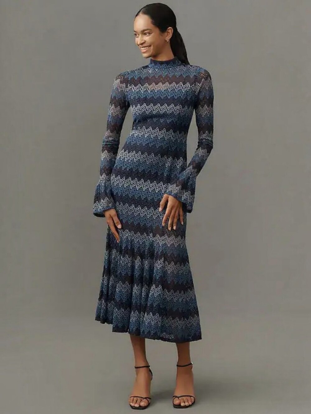 En Saison Lorrae Navy Tonal Zigzag/Chevron Pattern Lace Midi Dress, M, Boho Fall - Picture 5 of 16